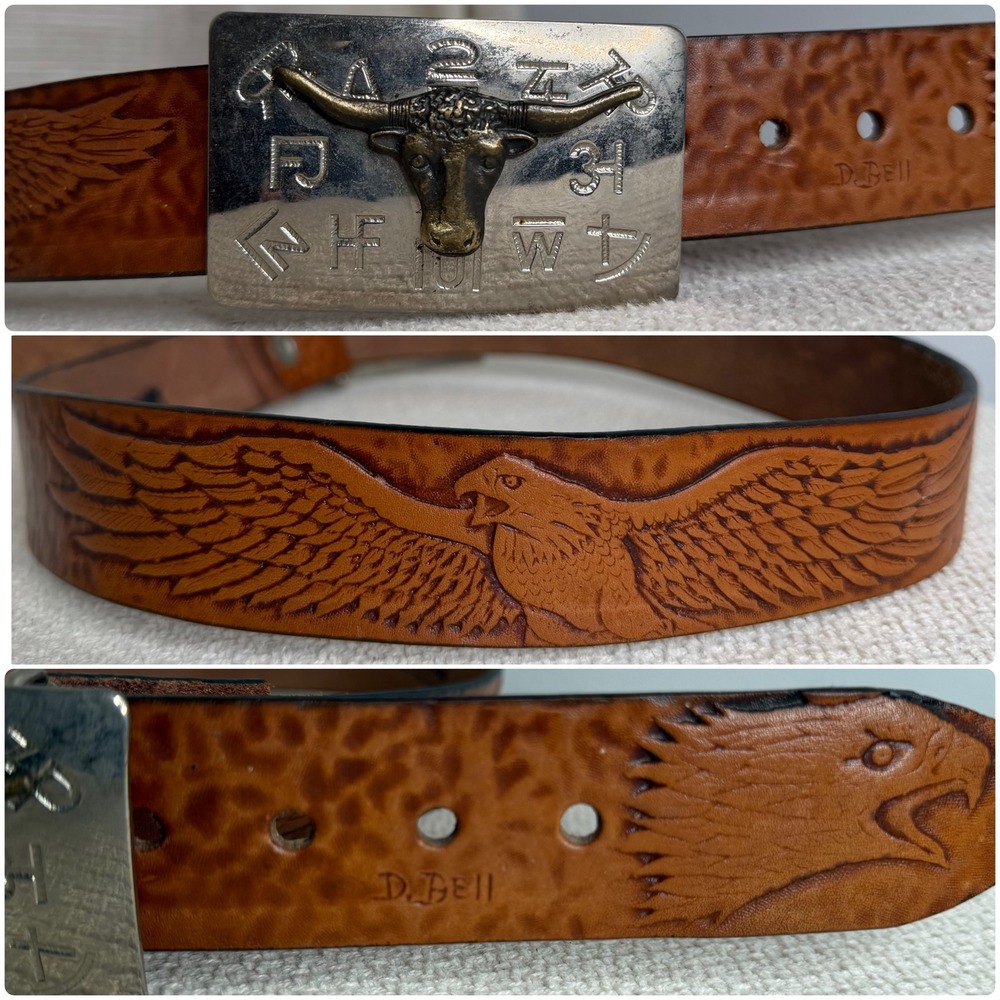 Vintage Chambers Co Belt Tooled Leather Eagle Longhorn Buckle Men's Size 28.5-33